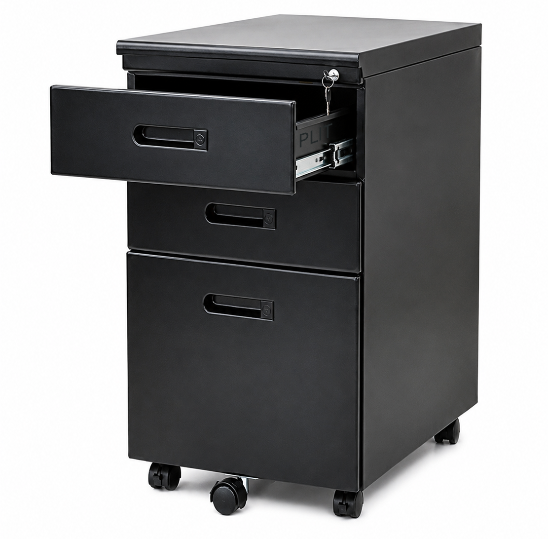 Archivo Modular Metálico de 3 Gavetas, Negro con ruedas